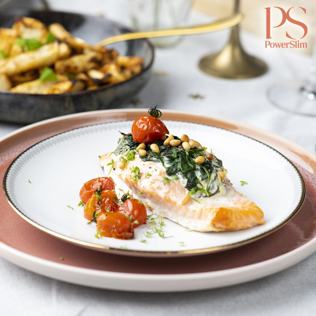 Gefüllter Lachs mit Spinat und Knollensellerie-Pommes