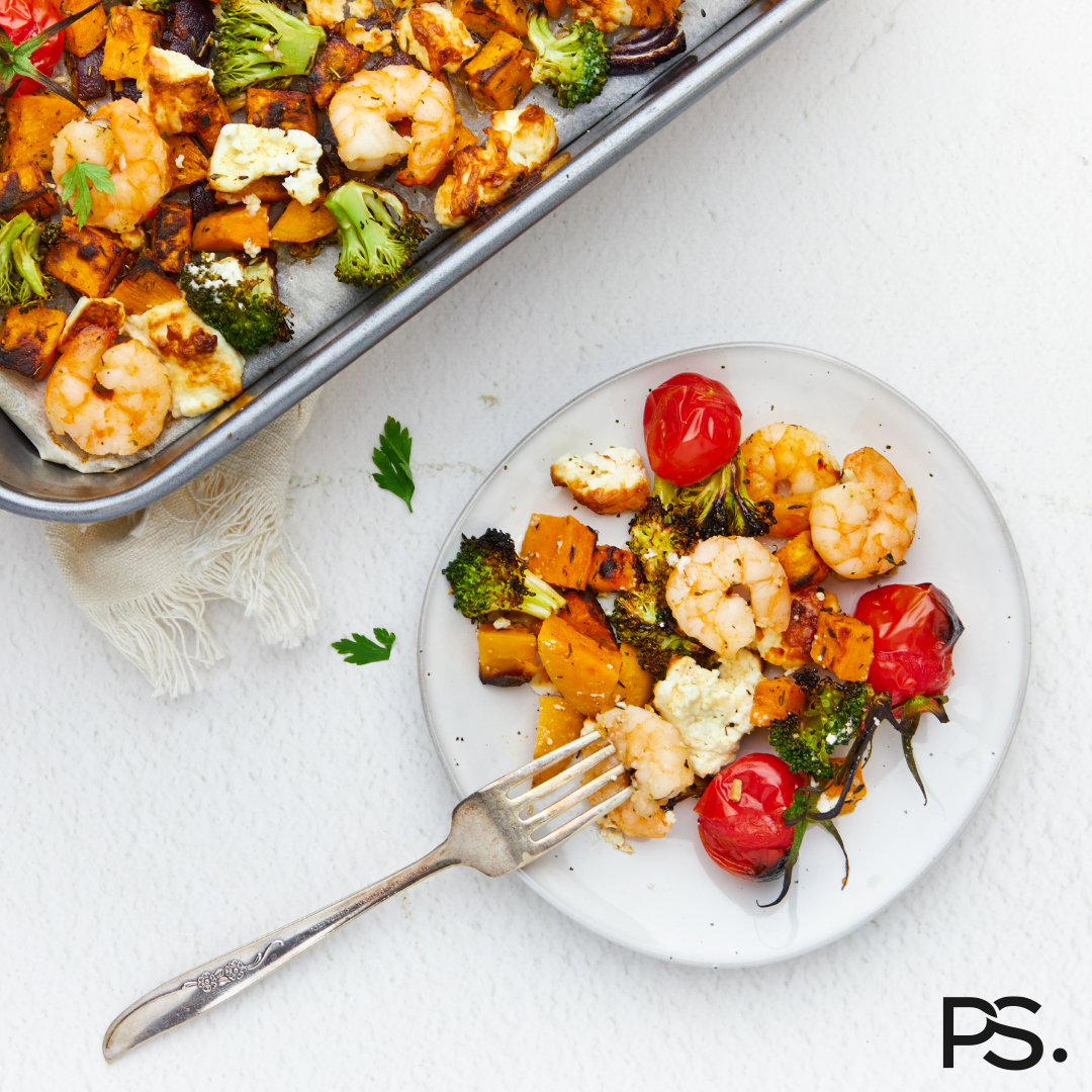Backblech mit Süßkartoffel, Gambas und Feta