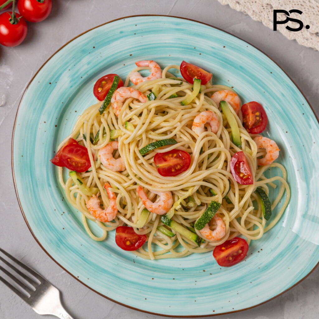 Spaghetti mit Knoblauchgarnelen und Zucchini