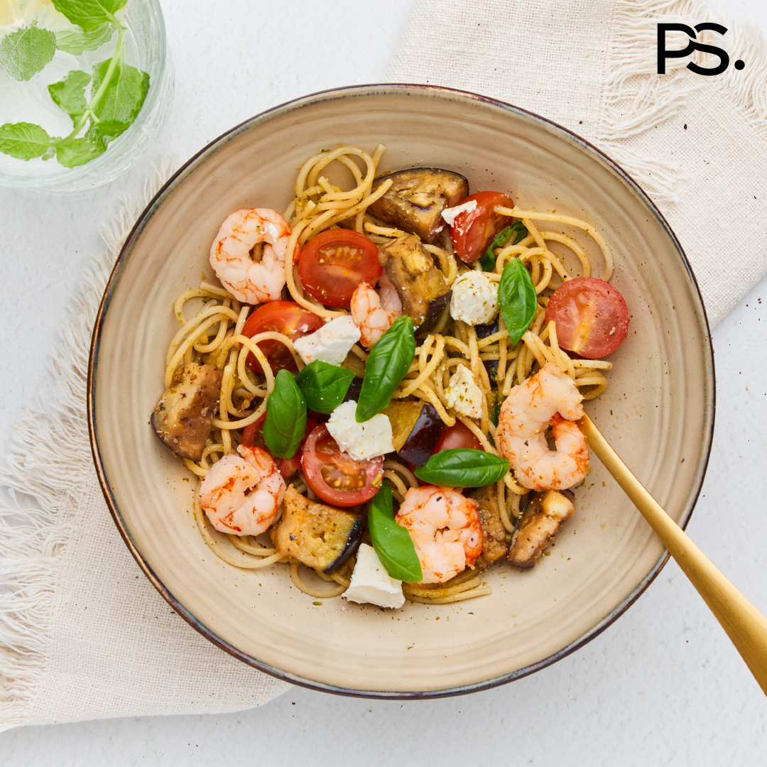 Spaghetti mit Garnelen und Aubergine